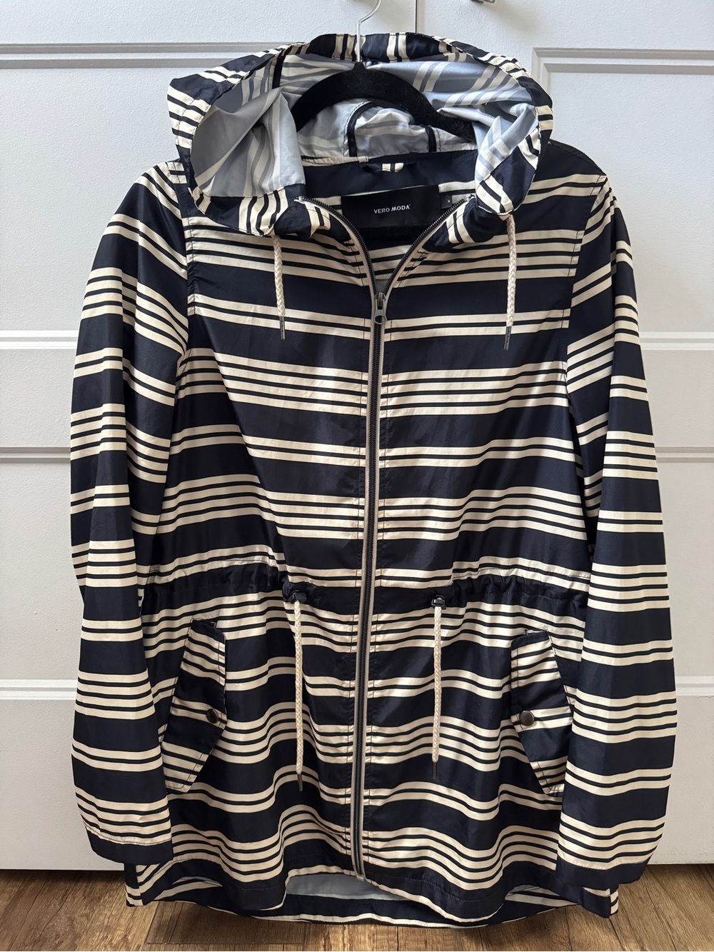Vero Moda Navy and Cream Striped Hooded Wind Jacket